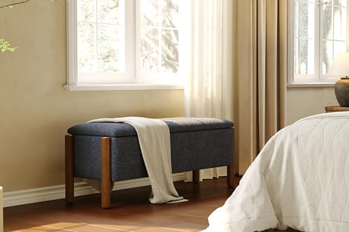 Modern Storage Benches with Walnut Wood Legs, Fabric Upholstered Entryway Bench - Image 5