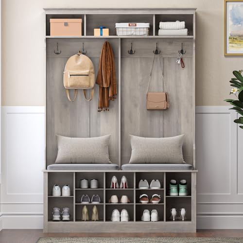 Wodeer Hall Tree with Bench and Shoe Storage, 6 Hooks, 12 Shoe Cubbies - Image 6