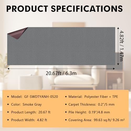 Grefinity Marine Carpet, 5 FT x 20 FT Smoke Gray Indoor Outdoor Carpet - Image 2