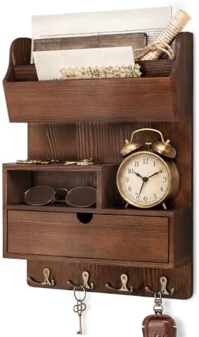 Rebee Vision Key Holder Wall Mount, Mail Organizer & Drawer, Retro Brown by REBEEVISION