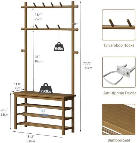 Bamboo Hall Tree Entryway Bench - Image 4
