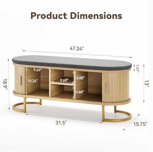 Decofy Shoe Storage Bench with Cushion and Sliding Doors, 47.2 Inch Shoe Bench - Image 2