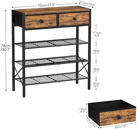 4 Tier Shoe Rack with 2 Drawers, 12-16 Pairs Rustic Brown - Image 3
