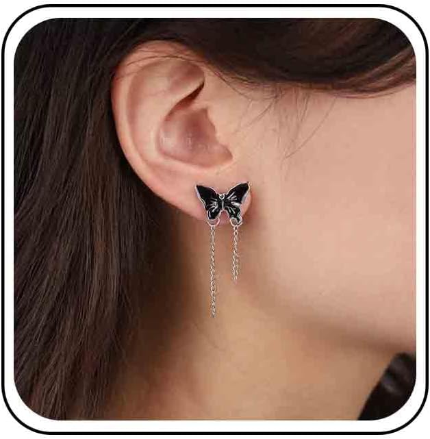 Vintage Butterfly Stud Earrings Silver Chain Tassel Dangle Earrings Black Butterfly Earrings Layer Chain Drop Earrings Jewelry for Women