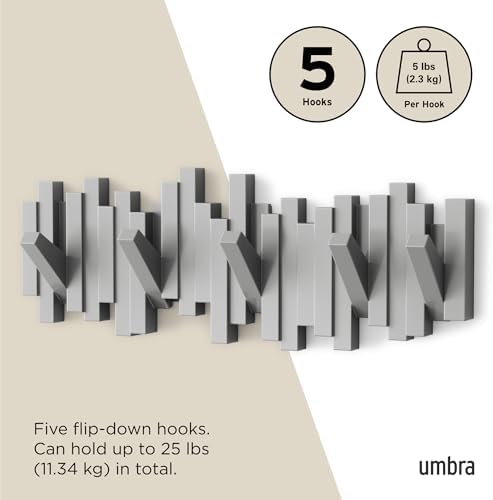 Umbra Sticks Wall Mount Coat Rack, 5 Hook Retractable Pegs - Image 5
