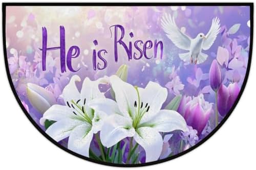 Easter White Lily He is Risen Half Round Door Mat Indoor Entrance Half Circle by cfpolar