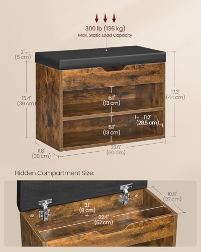 VASAGLE Storage Bench with Cushion, Shoe Bench, 11.8 x 23.6 x 17.3 Inches - Image 3
