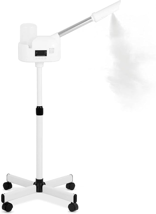 Professional Facial Steamer, Facial Steamer with Hot Mist and Timer Function, Adjustable Height Face Steamer on Wheels with 360° Rotatable Nozzle and Touch Screen for Deep Hydration and Cleaning