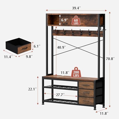Hall Tree with Bench and Hooks, 39.4" Shoe and Coat Rack Entryway Organizer - Image 3