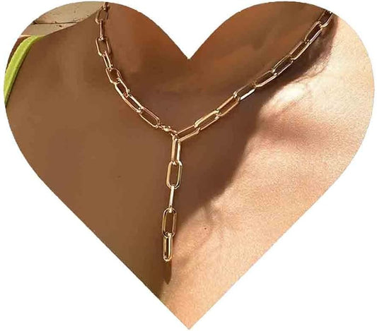 Boho Link Chain Y Necklace Gold Chain Lariat Necklace Chunky Chain Drop Necklace Paperclip Statement Necklace Jewelry for Women