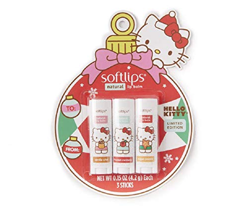 Hello Kitty Limited Edition Softlips Ornament Natural Lip Balm 3-Pack Vanilla Chai, Frosted Cranberry, Sugar Cookie, Holidays 2020