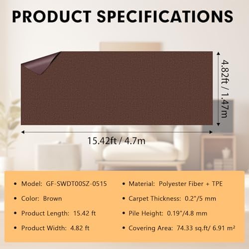Grefinity Marine Carpet, 5 FT x 15 FT Brown Indoor Outdoor Carpet - Image 2