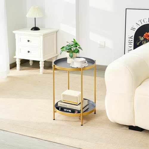 2-Tier Round End Side Table, Small Metal Side Table - Image 2