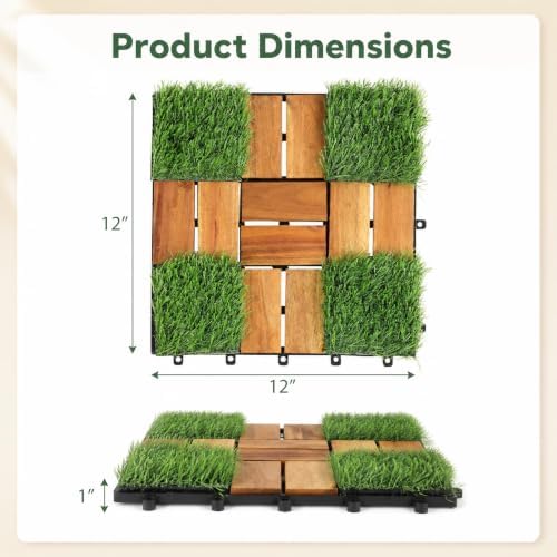 GIANTEX 30 PCS Interlocking Acacia Wood & Artificial Grass Deck Tiles - Image 3