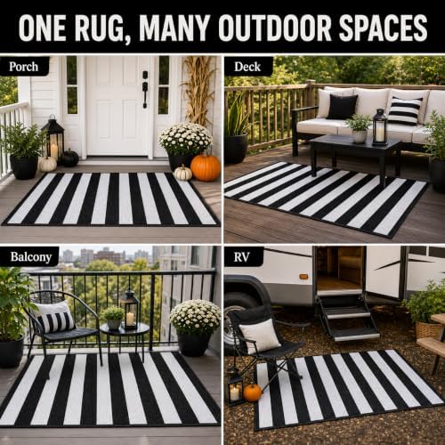 3x5 Ft Black and White Striped Reversible Plastic Straw Outdoor Rug - Image 5