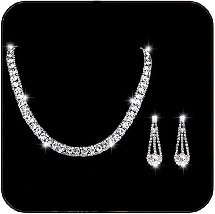 Yean Bride Silver Necklace Earrings Set Rhinestone Bridal Wedding Jewelry Sets Crystal Choker Necklace for Women (Set 3)