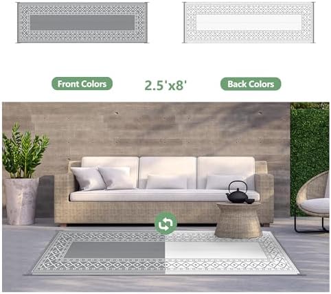 GENIMO Outdoor Rug, Waterproof Plastic Runner Rugs, 2.5'x8' Grey White - Image 5