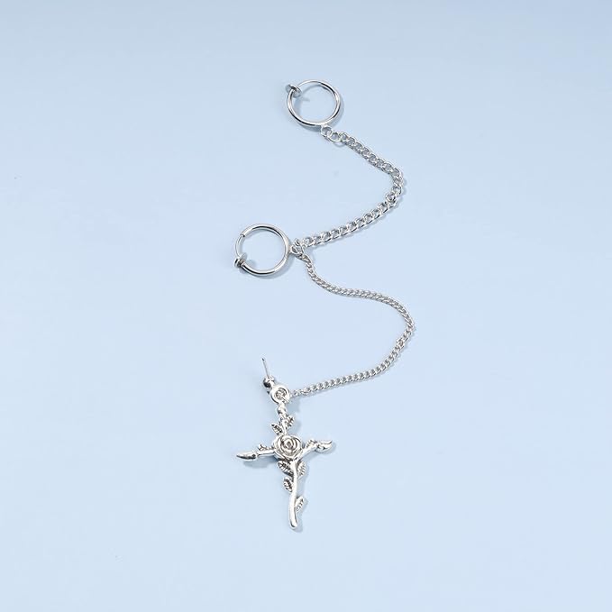 Cross Chain Cuff Earrings Silver Cross Dangle Chain Earrings Long Crucifix Drop Earrings Religious Ear Cuff Wrap Chain Earrings Jewelry for Women and Girls
