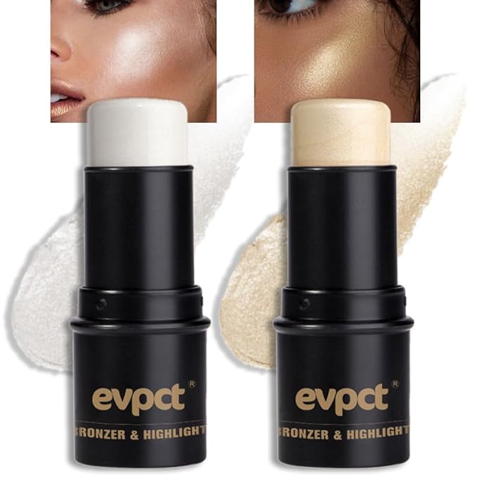 evpct 2Pcs Face Cream Makeup Highlighter Highlight Contour Stick Pearl White & Gold Glitter Contouring Highlighter Makeup Stick and Contour Illuminator Highly Piamented Long Lasting Skin Brighten 9+12