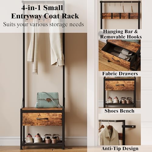 LUMTOK Hall Tree with Shoes Bench Storage, Small Coat Rack with Drawers - Image 4