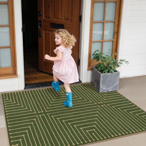 Lahome Green 3x5 Outdoor Rug for Entryway, Rhombus Easy Jute Frotn Porch Rug - Image 3