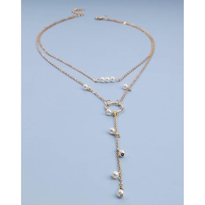Boho Circle Pearl Lariat Necklace Gold Long Lariat Chain Necklace Tiny Pearl Choker Necklace Drop Pearl Chain Y Necklace Jewelry for Women and Girls Gifts
