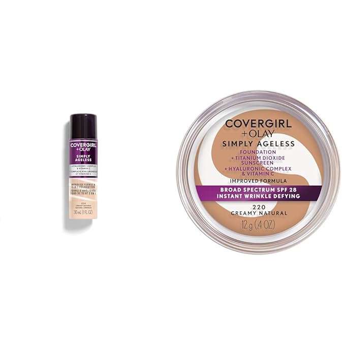 Covergirl + Olay Simply Ageless 3-in-1 Liquid Foundation, Creamy Natural & & Olay Simply Ageless Instant Wrinkle-Defying Foundation, Creamy Natural 0.44 Fl Oz