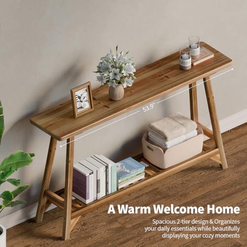 54" Solid Wood Console Table, 2-Tier Farmhouse Entryway Tables Behind Couch - Image 3