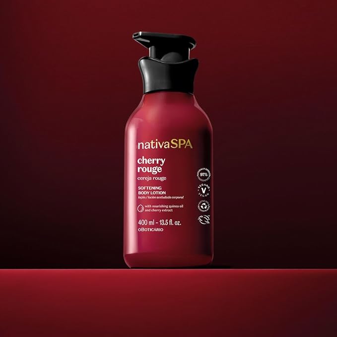 O Boticário Nativa SPA Cherry Rouge Velvety Body Lotion, Bold Oriental Amber Fragrance with Cherry Extract & Quinoa Oil, Collagen Boosting Hydration, 13.5 Ounce (400ml)