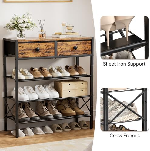 4 Tier Shoe Rack with 2 Drawers, 12-16 Pairs Rustic Brown - Image 5