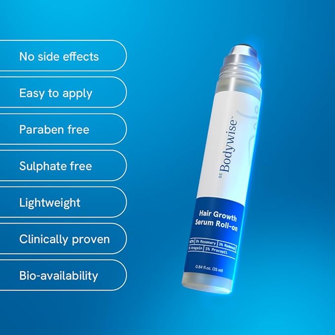 Be Bodywise Rosemary Hair Growth Serum Roll On 25 ml – 3% Rosemary, 3% Redensyl & 2% Anagain | DHT-Blocking Scalp Serum Boosts Oxygen Flow, Reduces Hair Fall | Paraben/Sulfate-Free | Women & Men