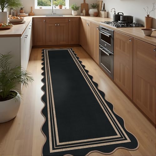 Scalloped Easy Jute Kitchen Runner Rug, 2.6x10 Non Slip Entryway Runner by LORWER