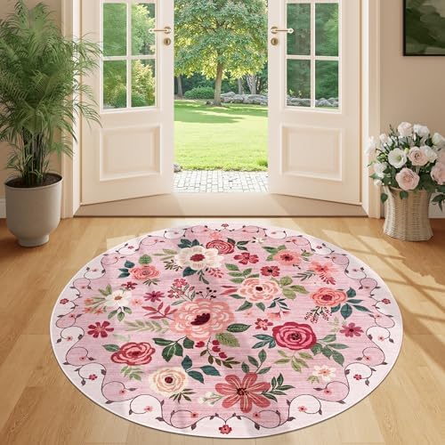 DUKINO 4ft Round Rug, Floral Washable Small Round Area Rug Non Slip - Image 5
