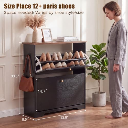 Nicetree 2 Flip‑Drawer Shoe Cabinet, Walnut Top, 9.5" Deep, Light Black - Image 2