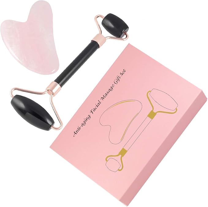 mookaitedecor Obsidian Roller & Rose Quartz Gua Sha Scraping Massage Tool Set, Face Massager for Wrinkles, Anti Aging
