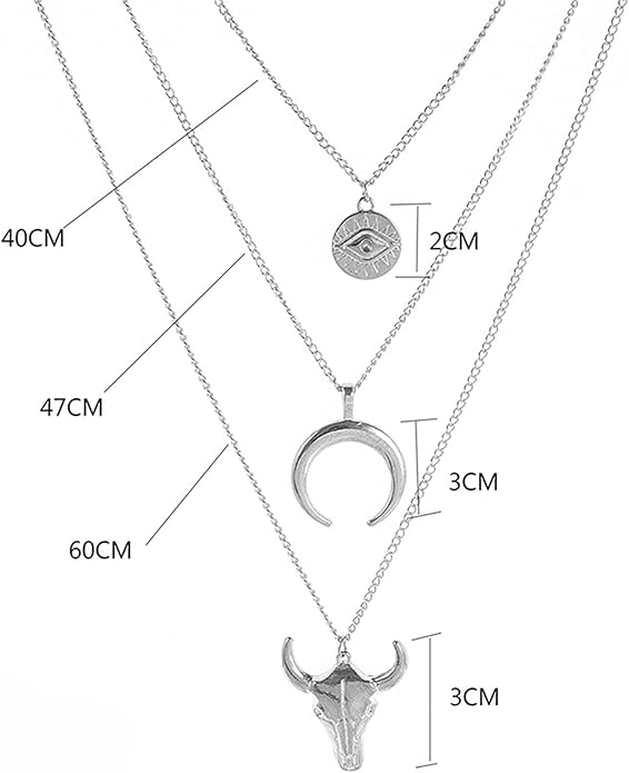 Boho Layered Moon Necklace Silver Compass Disc Pendant Necklace Chain Cow Evil Eye Charm Necklace Jewelry for Women