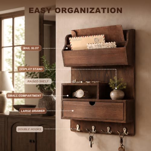 Rebee Vision Key Holder Wall Mount, Mail Organizer & Drawer, Retro Brown - Image 3