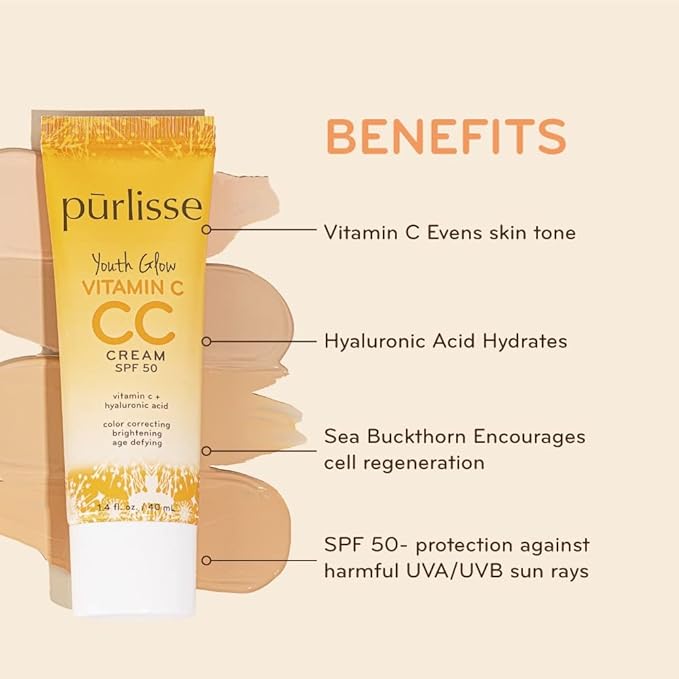 pūrlisse Youth Glow Vitamin C CC Cream SPF 50: Cruelty-Free & Clean, Paraben & Sulfate-Free, Full Coverage, Hydrates with Hyaluronic Acid | Light Medium 1.4oz