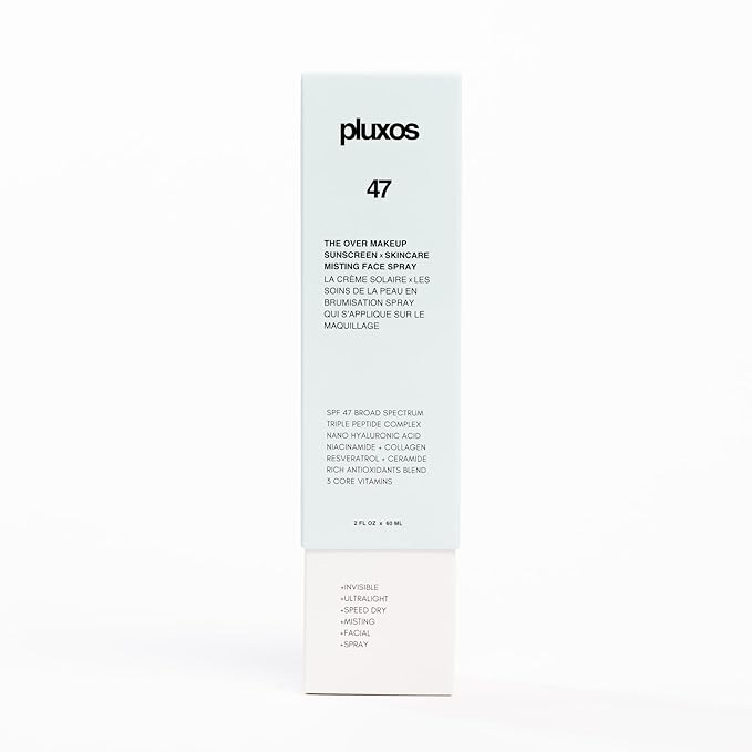 | PLUXOS 47 | SUNSCREEN + SKINCARE SPF 47 FACE MIST SPRAY (Unscented) | SUN DEFENSE COMPLEX CARE | Apply Over Makeup, Broad Spectrum, Clear, Light, Vegan, Hydrate, Fight Acne, Anti-Aging, Cell Repair
