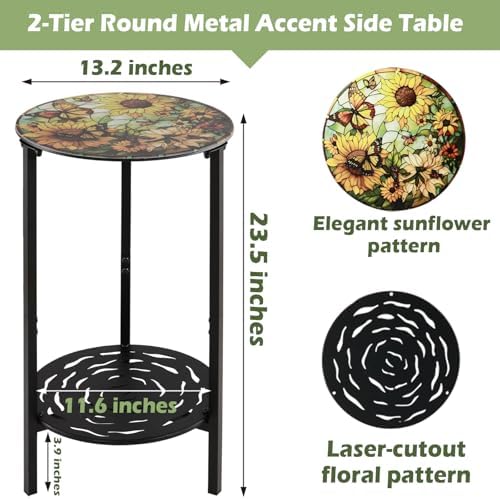 2-Tier Metal Round Side Table Black Accent Coffee Tables Small Space Corner - Image 3