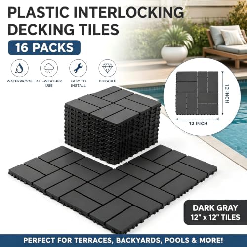 Interlocking Decking 16 Pack Plastic 12"x12" Deck Tiles Outdoor Dark Gray C - Image 2