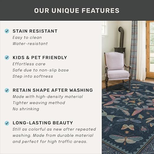 Vintage Navy Blue 2x5 Runner Rug, Washable Insect Carpet - Image 6