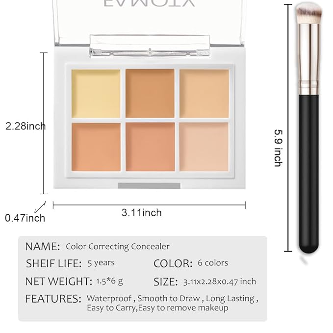 6 Color Correcting Concealer Palette With Concealer Brush, Tattoo Concealer, Cream Contouring Makeup Kit, Corrects Dark Circles Red Marks Scars Light Mediumor creamy concealer A2
