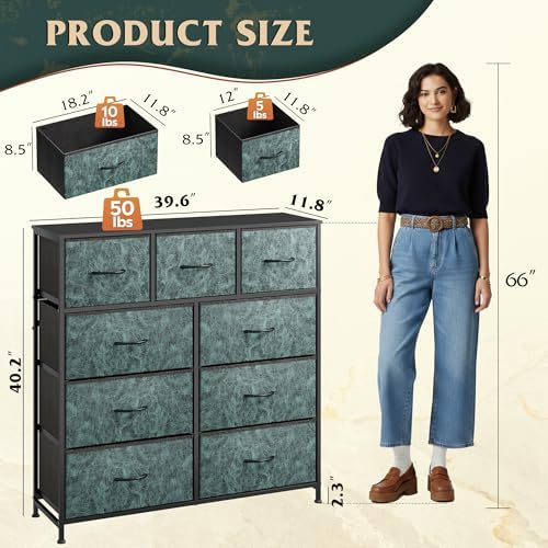 WLIVE Tall Dresser for Bedroom, 9 Drawer Chest of Drawers, Vintage Green - Image 3