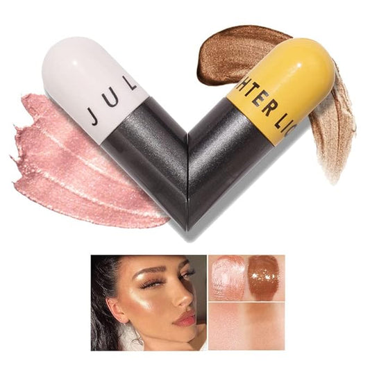 AKARY Liquid Highlighter Makeup for Face Body, Contour Foundation Illuminator Boom Stick, Two-color Highlight Shade Longwear Shimmer Glow Makeup, Valentine's Day gift (02 Sakura Powder + Warm Brown)