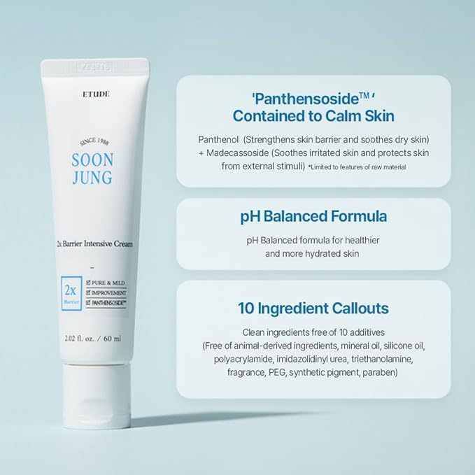 ETUDE SoonJung 2x Barrier Intensive Cream (Original), Hypoallergenic Shea Butter Hydrating Facial Cream for Sensitive Skin, Water-oil Balance & Panthenol, Korean Skin Care (2.02 Fl Oz)