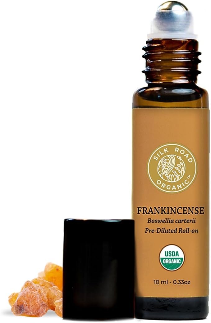 Silk Road Organic Frankincense Carterii Essential Oil Roll On, 100% Pure USDA Certified Aromatherapy for Radiant Skin, Body Aches, Stress Relief, & Calm - 10 ml Roller