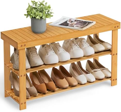 SONGMICS Shoe Rack Bench, 3-Tier Bamboo Entryway Bench, 35.2 Inches Width by SONGMICS