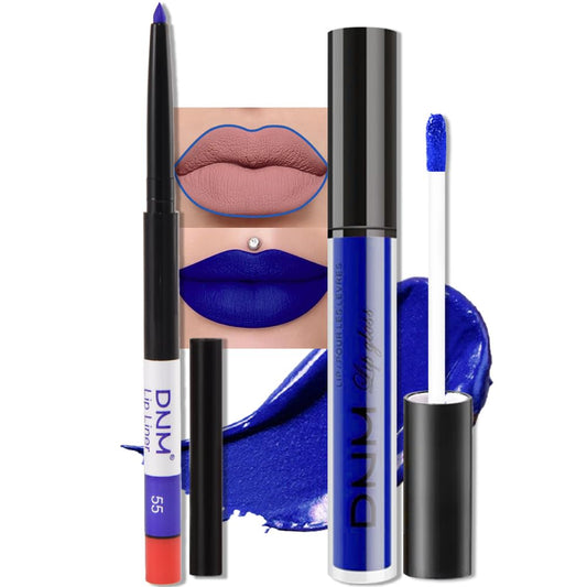 evpct 2Pcs Dark Royal Blue Matte Liquid Lipstick Lip Gloss Stain and Retractable Lip Liner Makeup Set for Women Long Lasting Waterproof 24 Hours Lipstick labial mate larga duracion 24 55#