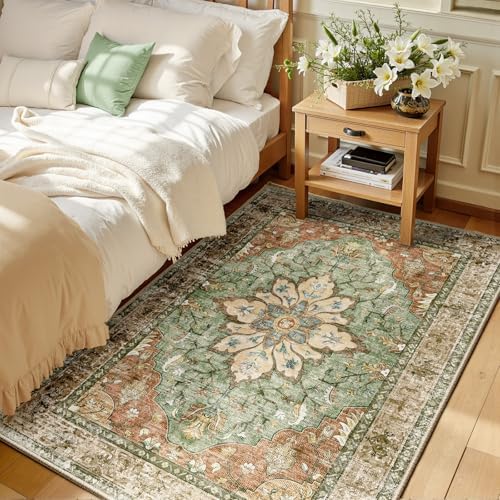 RELEANY Washable Area Rug, Brick/Brown/Green by RELEANY